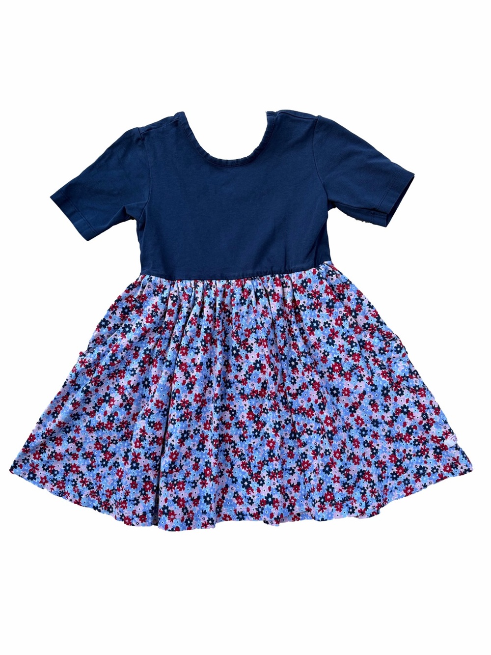 RuffleButts Size 4T Blue and Red Flower Print Bow Dress